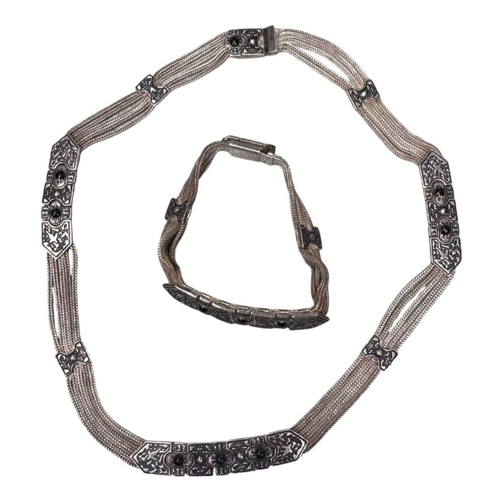 VTG Sterling Silver ANATOLI Onyx Dove Bird 16.5" Wheat Chain Necklace Bracelet 7